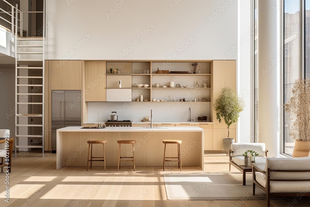 Fototapeta premium Light and Spacious Living Room with Kitchen