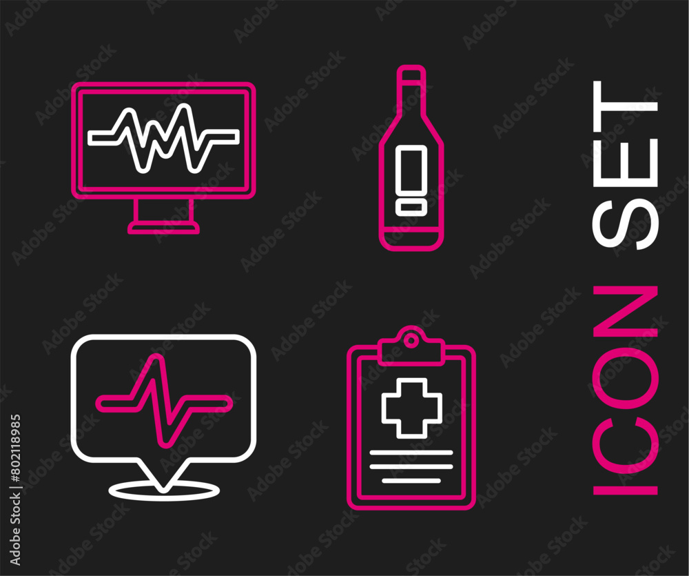 Set line Patient record, Heart rate, Digital thermometer and Monitor with cardiogram icon. Vector Set line Patient record, Heart rate, Digital thermometer and Monitor with cardiogram icon. Vector