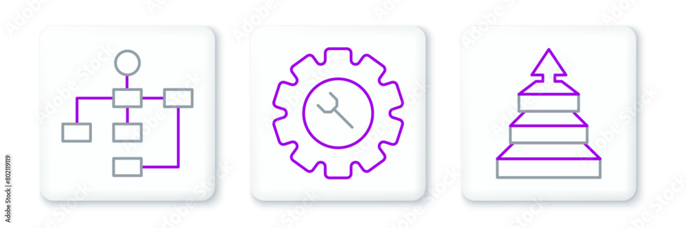 Set line Pyramid chart infographics, Hierarchy organogram and Wrench and gear icon. Vector Set line Pyramid chart infographics, Hierarchy organogram and Wrench and gear icon. Vector