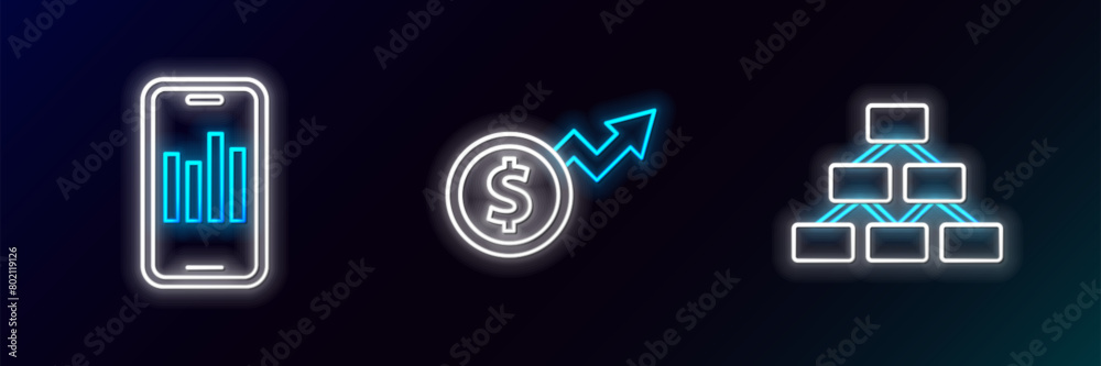 Set line Hierarchy organogram, Mobile with graph and Financial growth dollar icon. Glowing neon. Vector Set line Hierarchy organogram, Mobile with graph and Financial growth dollar icon. Glowing neon. Vector
