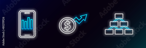 Set line Hierarchy organogram, Mobile with graph and Financial growth dollar icon. Glowing neon. Vector