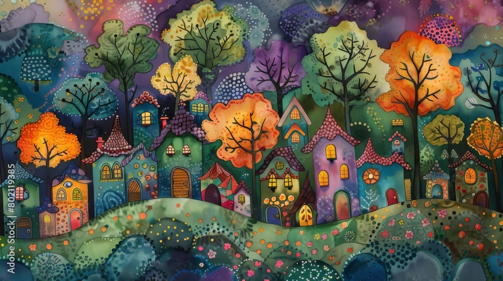 The image is a whimsical illustration of a small town