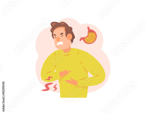 illustration of a man feeling pain in his stomach. stomach ache. Gastroesophageal reflux disease or GERD. acid reflux or ulcer. problems with the stomach or digestive system. health. flat style 
