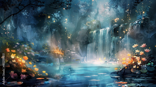 The image is a beautiful landscape with a waterfall  flowers  and a blue pond. The waterfall is in the middle of the image and is surrounded by lush green trees.