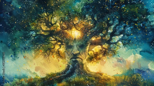 The image is a digital painting of a large tree with a glowing yellow aura