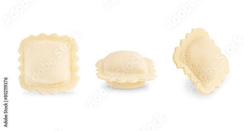 Set or collection of three different uncooked raw frozen traditional homemade italian ravioli pasta stuffed with ricotta cheese of square shape isolated on white background used as lunch ingredient