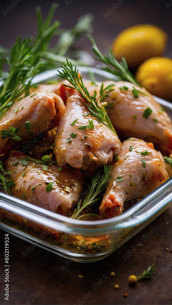 Raw chicken pieces marinating in herbs and spices in a glass dish Raw chicken pieces marinating in herbs and spices in a glass dish