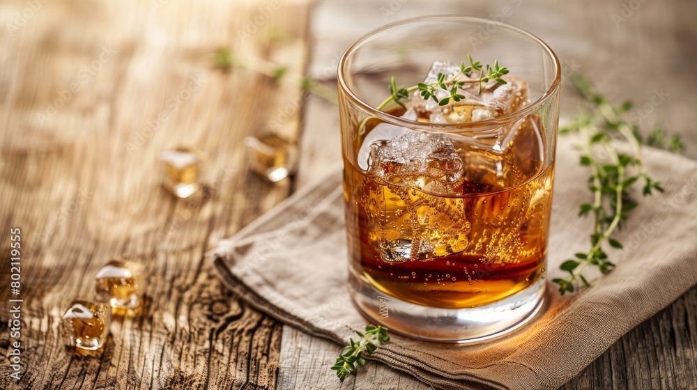 a tumbler glass with brown alcoholic drink, thyme and ice cubes on linen napkin - whisky, rum or cognac - on wooden table, rural scene a tumbler glass with brown alcoholic drink, thyme and ice cubes on linen napkin - whisky, rum or cognac - on wooden table, rural scene