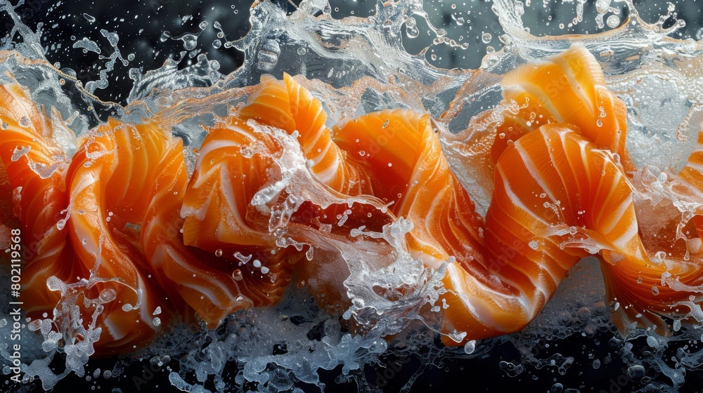 A mesmerizing real-world photograph capturing the symphony of colors and textures in premium salmon products prepared for export