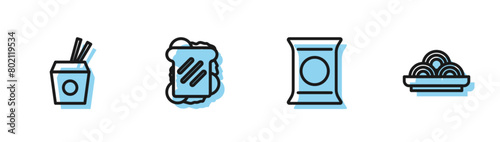 Set line Bag or packet potato chips, Asian noodles and chopsticks, Sandwich and in bowl icon. Vector