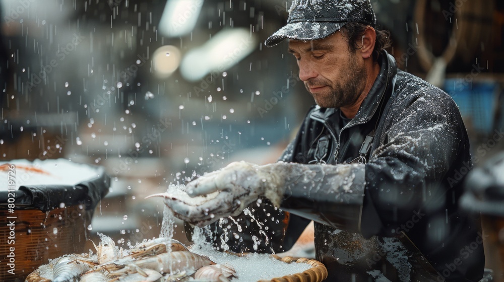 Highly detailed real-world photography illustrating sustainable seafood processing practices while preserving naturalness Highly detailed real-world photography illustrating sustainable seafood processing practices while preserving naturalness