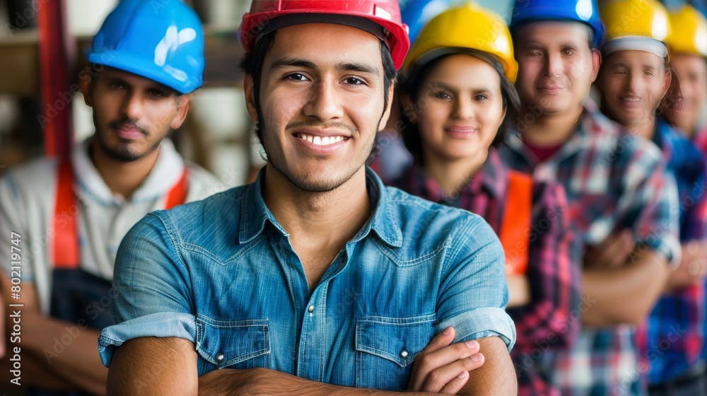 Fototapeta premium Diverse latinx engineer team in hard hats collaborating on project in professional setting
