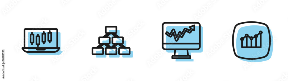 Set line Monitor with graph chart, Stocks market growth graphs, Hierarchy organogram and Financial icon. Vector Set line Monitor with graph chart, Stocks market growth graphs, Hierarchy organogram and Financial icon. Vector