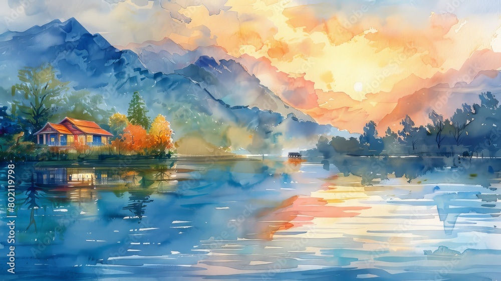 Fototapeta premium The watercolor painting shows a beautiful landscape with mountains, a lake, and a house