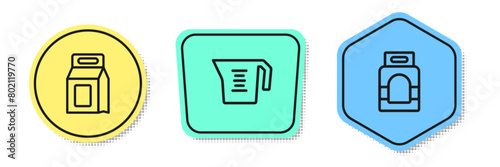 Set line Laundry detergent, Measuring cup and . Colored shapes. Vector