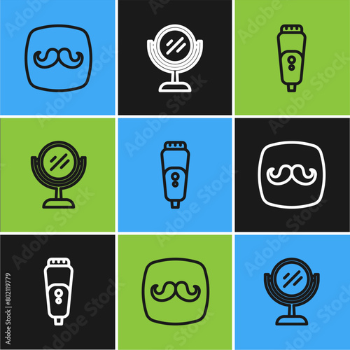 Set line Barbershop, Electric razor blade and Hand mirror icon. Vector