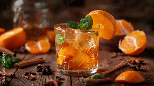 Autumn spicy booze alcohol drink, Tangerine Whiskey Smash cocktail with mint, cinnamon and tangerine slice on wooden background photo