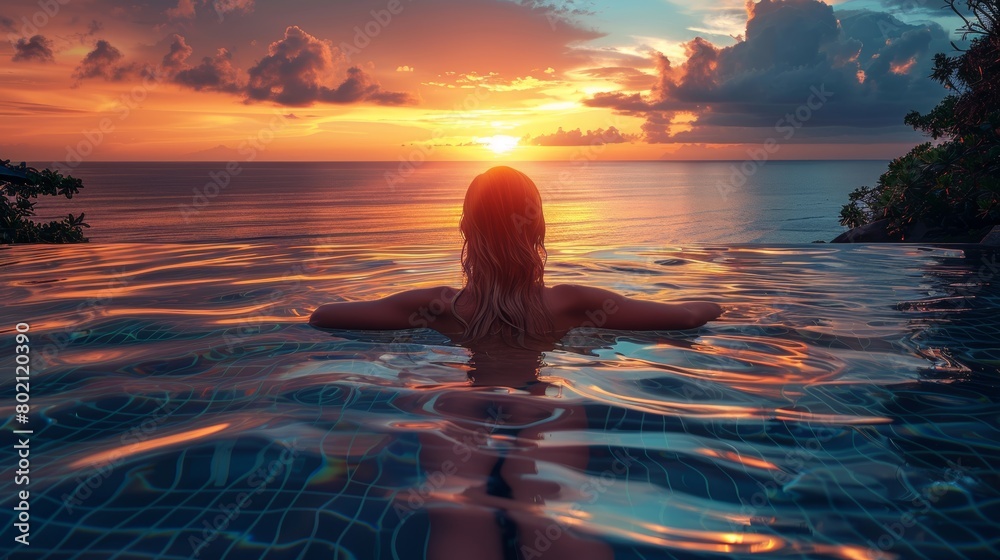 Moment as a woman enjoys a stunning sunset from an infinity pool at a ...