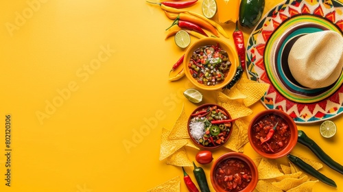 Cinco-de-mayo concept. Top view photo of traditional food nacho chips salsa sauce chilli tequila with salt lime sombrero serape cactus and maracas on isolated vivid yellow background with copyspace