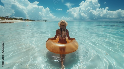 Young woman enjoying a peaceful float on a lilo in a crystal-clear tropical sea, portraying relaxation and leisure on a sunny day.