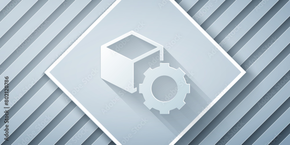 Paper cut Isometric cube icon isolated on grey background. Geometric cubes solid icon. 3D square sign. Box symbol. Paper art style. Vector Paper cut Isometric cube icon isolated on grey background. Geometric cubes solid icon. 3D square sign. Box symbol. Paper art style. Vector