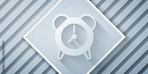 Paper cut Alarm clock icon isolated on grey background. Wake up, get up concept. Time sign. Paper art style. Vector