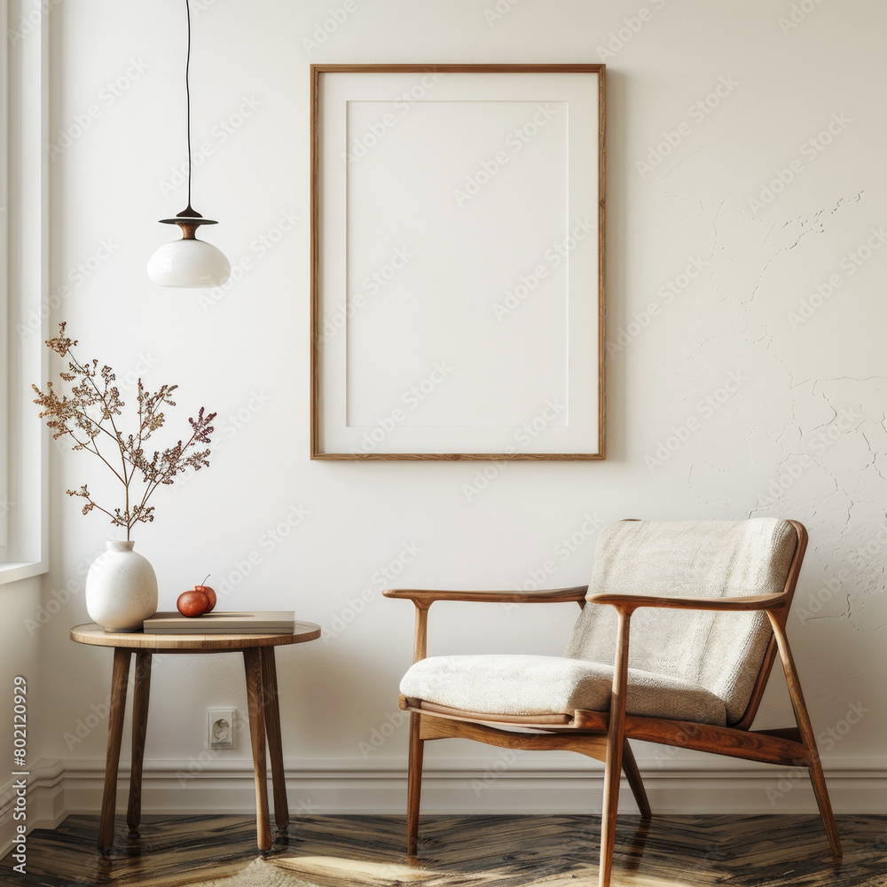 A white chair sits in front of a white wall with a framed picture and a vase of flowers on a table. The room has a clean and minimalist design, with a focus on natural elements like the flowers A white chair sits in front of a white wall with a framed picture and a vase of flowers on a table. The room has a clean and minimalist design, with a focus on natural elements like the flowers