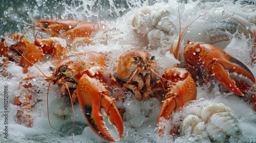 A group of lobsters are swimming in the ocean