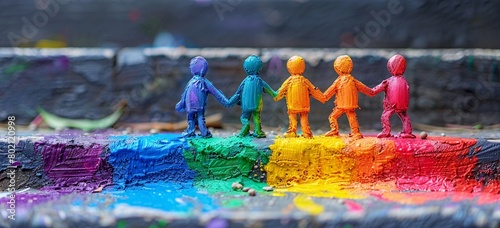 Colorful Figurines on Rainbow Paint Path, Symbolizing Unity and Diversity