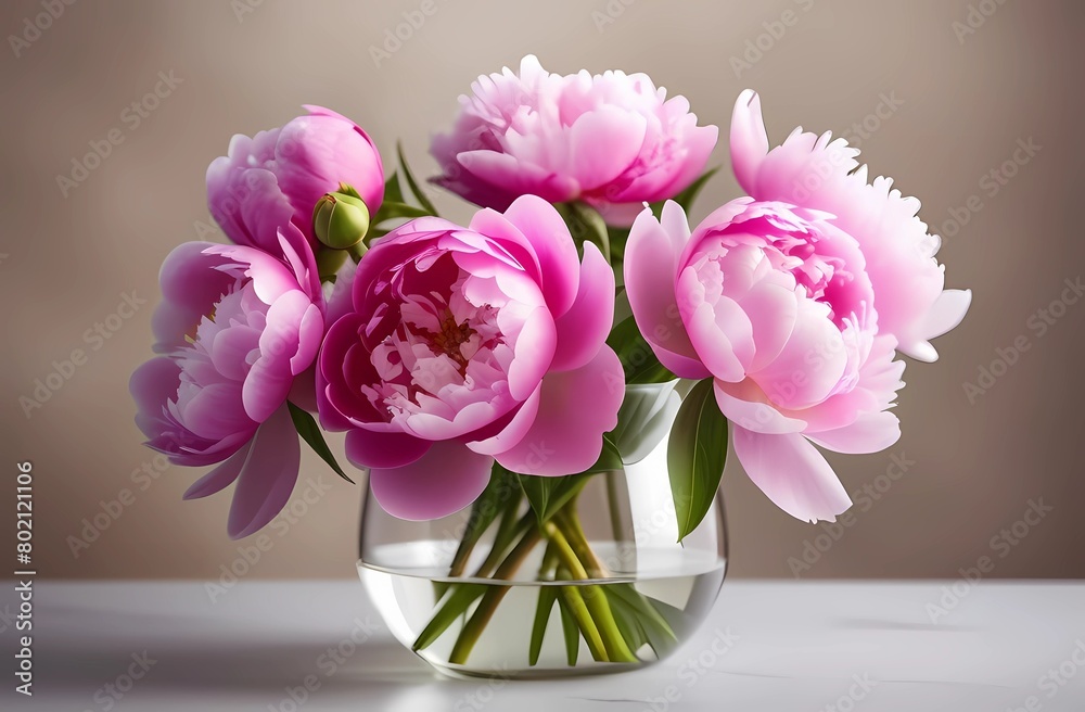 Close-up of beautiful pink peonies in a glass vase on neutral beige background Close-up of beautiful pink peonies in a glass vase on neutral beige background