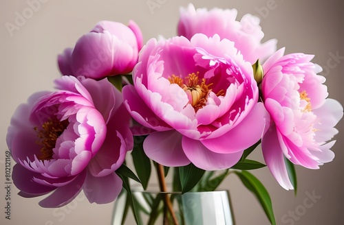 Close-up of beautiful pink peonies in a glass vase on neutral beige background