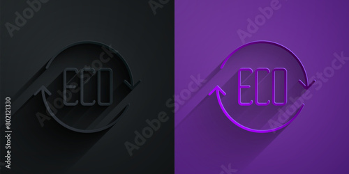 Paper cut Leaf Eco symbol icon isolated on black on purple background. Banner, label, tag, logo, sticker for eco green. Paper art style. Vector