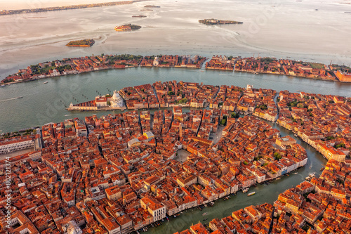 Panoramic shot of Venice, San Polo, Italy. Tiled roofs and streets. Historical buildings. Tourism. photo