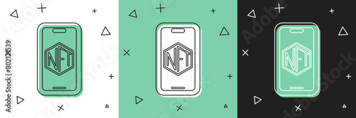 Set Mobile with art store app icon isolated on white and green, black background. Technology of selling NFT tokens for cryptocurrency. Non fungible token. Vector