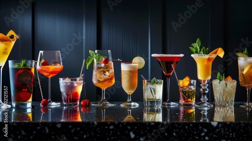 Cocktails set on black bar counter. Mixology concept. Assortment of colorful strong and low alcohol drinks for cocktail party. Dark background  bar tools  hard light