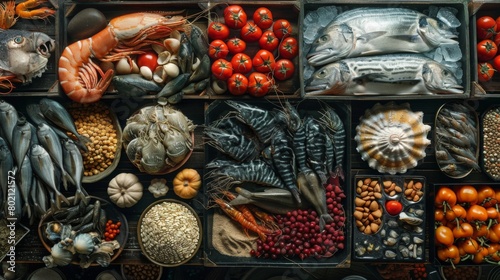 A variety of seafood and vegetables are displayed in a market