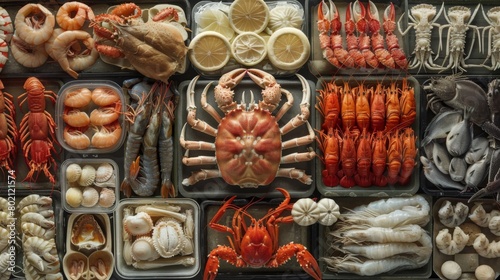 A variety of seafood is displayed in a market, including shrimp, crab