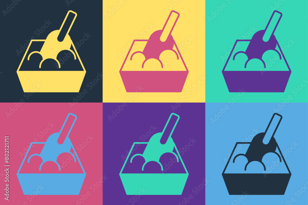 Pop art Cat litter tray with shovel icon isolated on color background. Sandbox cat with shovel. Vector Pop art Cat litter tray with shovel icon isolated on color background. Sandbox cat with shovel. Vector