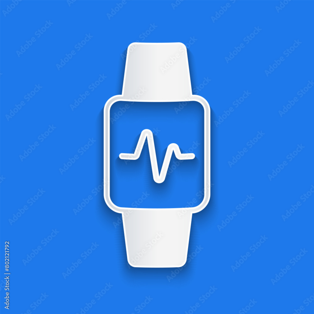 Paper cut Smart watch showing heart beat rate icon isolated on blue background. Fitness App concept. Paper art style. Vector