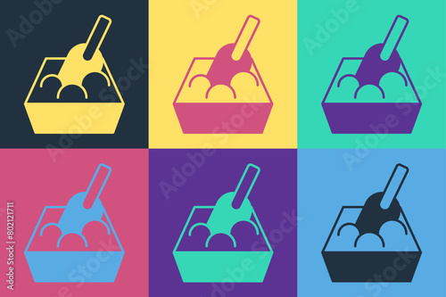 Pop art Cat litter tray with shovel icon isolated on color background. Sandbox cat with shovel. Vector
