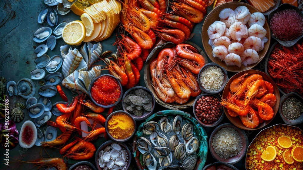 A table full of seafood and other food items