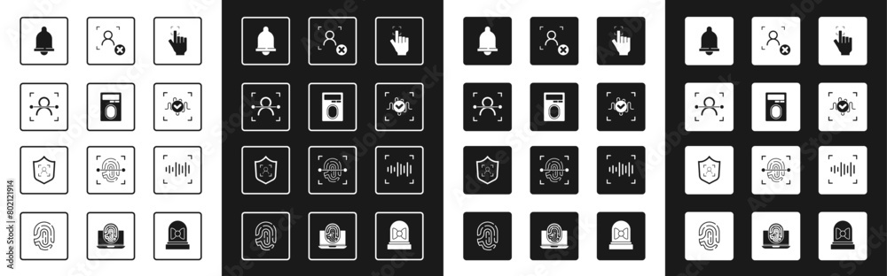 Set Fingerprint, with lock, Face recognition, Motion sensor, Voice, Rejection face, and Shield icon. Vector Set Fingerprint, with lock, Face recognition, Motion sensor, Voice, Rejection face, and Shield icon. Vector