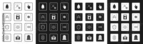 Set Fingerprint, with lock, Face recognition, Motion sensor, Voice, Rejection face, and Shield icon. Vector