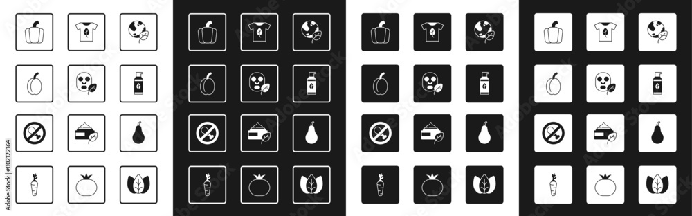 Set Earth globe and leaf, Facial cosmetic mask, Plum fruit, Bell pepper, Organic, Vegan shirt, Pear and No meat icon. Vector Set Earth globe and leaf, Facial cosmetic mask, Plum fruit, Bell pepper, Organic, Vegan shirt, Pear and No meat icon. Vector