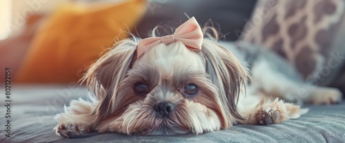 A cute Shih Tzu dog with a bow lies on the sofa at home. Dog looking at the camera. photo
