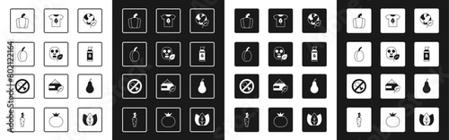 Set Earth globe and leaf, Facial cosmetic mask, Plum fruit, Bell pepper, Organic, Vegan shirt, Pear and No meat icon. Vector