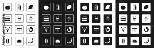 Set Lemon, Ice cream in waffle, Burger, Tomato, Strawberry, aper package for milk, Shrimp and Sausage the fork icon. Vector photo