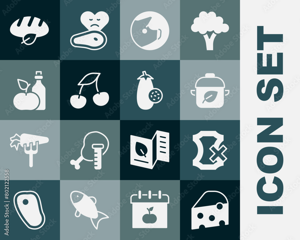 Set Cheese, No leather, Vegan food diet, Pig, Fresh berries, Apple cider vinegar in bottle, bread loaf and Eggplant icon. Vector Set Cheese, No leather, Vegan food diet, Pig, Fresh berries, Apple cider vinegar in bottle, bread loaf and Eggplant icon. Vector