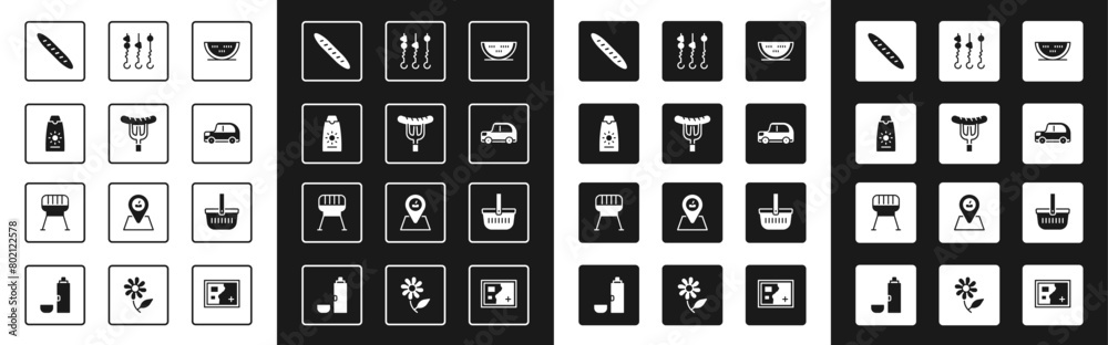 Set Watermelon, Sausage the fork, Sunscreen cream in tube, French baguette bread, Car, Grilled shish kebab skewer, Picnic basket and Barbecue grill icon. Vector Set Watermelon, Sausage the fork, Sunscreen cream in tube, French baguette bread, Car, Grilled shish kebab skewer, Picnic basket and Barbecue grill icon. Vector