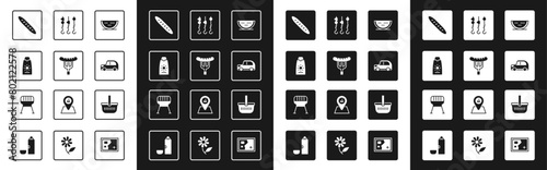 Set Watermelon, Sausage the fork, Sunscreen cream in tube, French baguette bread, Car, Grilled shish kebab skewer, Picnic basket and Barbecue grill icon. Vector